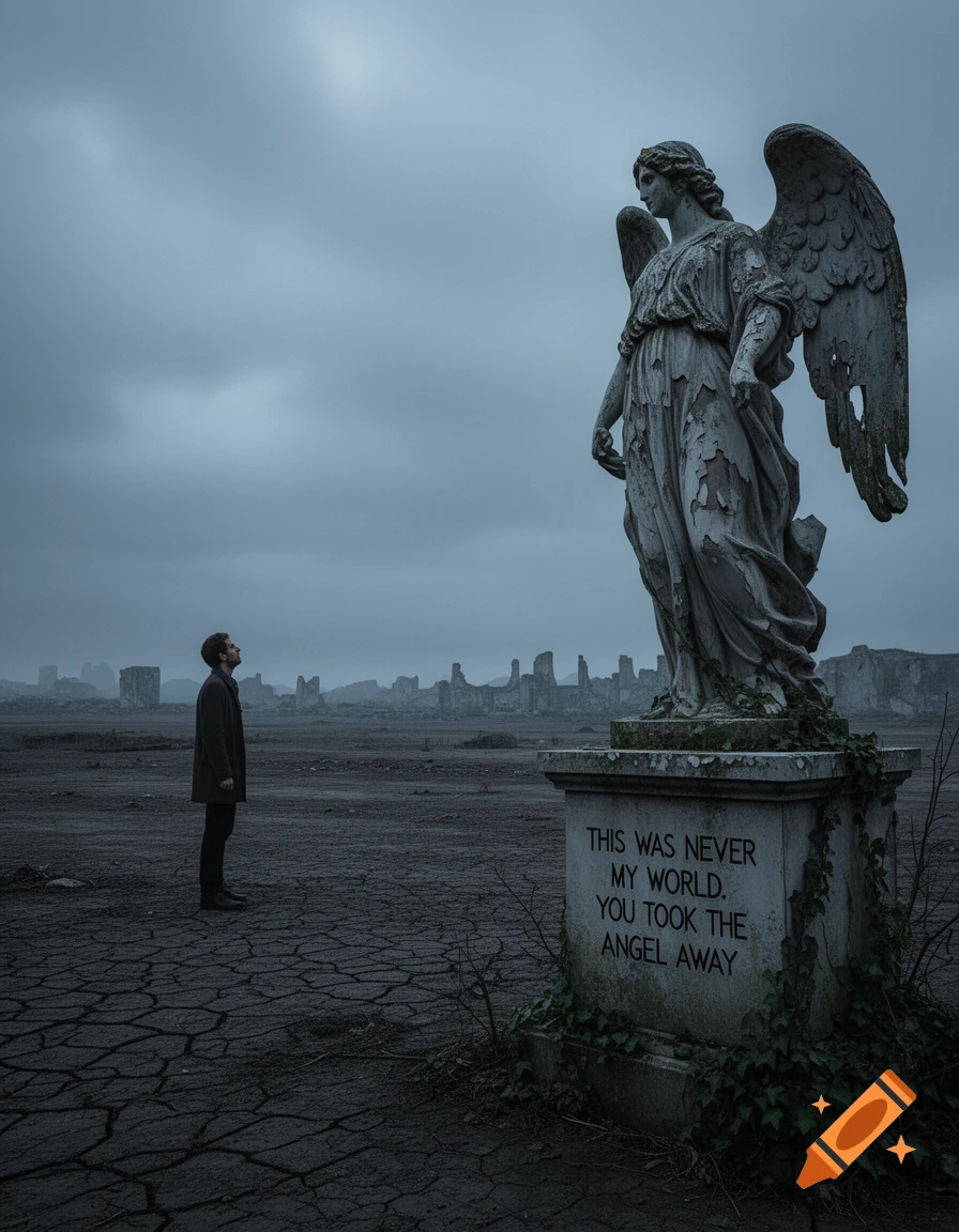 A man stands in a desolate, cracked landscape, looking up at a large, weathered angel statue with the inscription "This was never my world. You took the angel away." Ruined buildings are visible in the misty background under a dark sky.