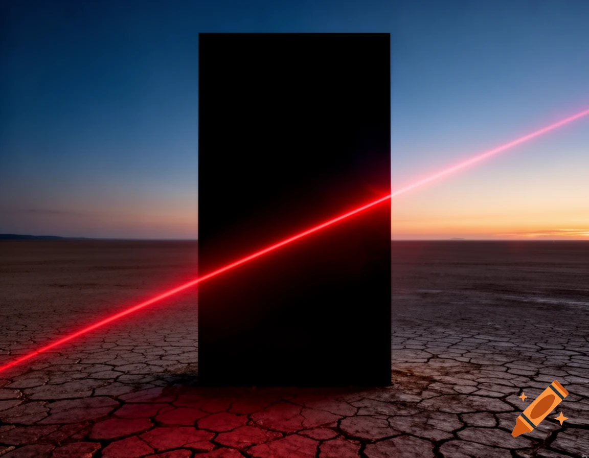 Black monolith intersected by a red laser beam on cracked desert ground at sunset.