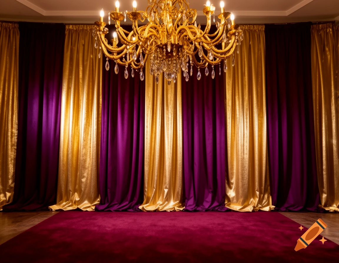 A luxurious room with alternating gold and deep purple velvet curtains, a large ornate gold chandelier, and a plush burgundy carpet.