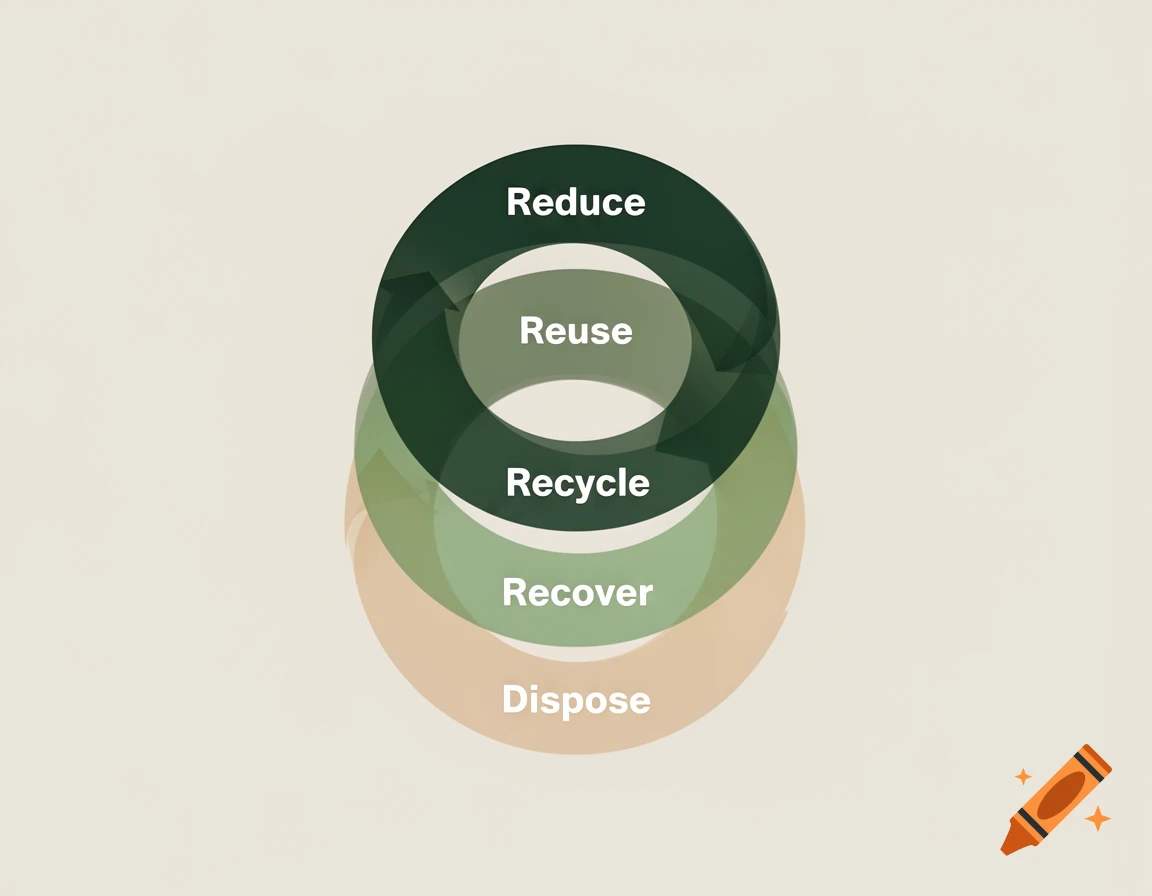 A circular diagram illustrating the waste hierarchy with five overlapping rings labeled Reduce, Reuse, Recycle, Recover, and Dispose.