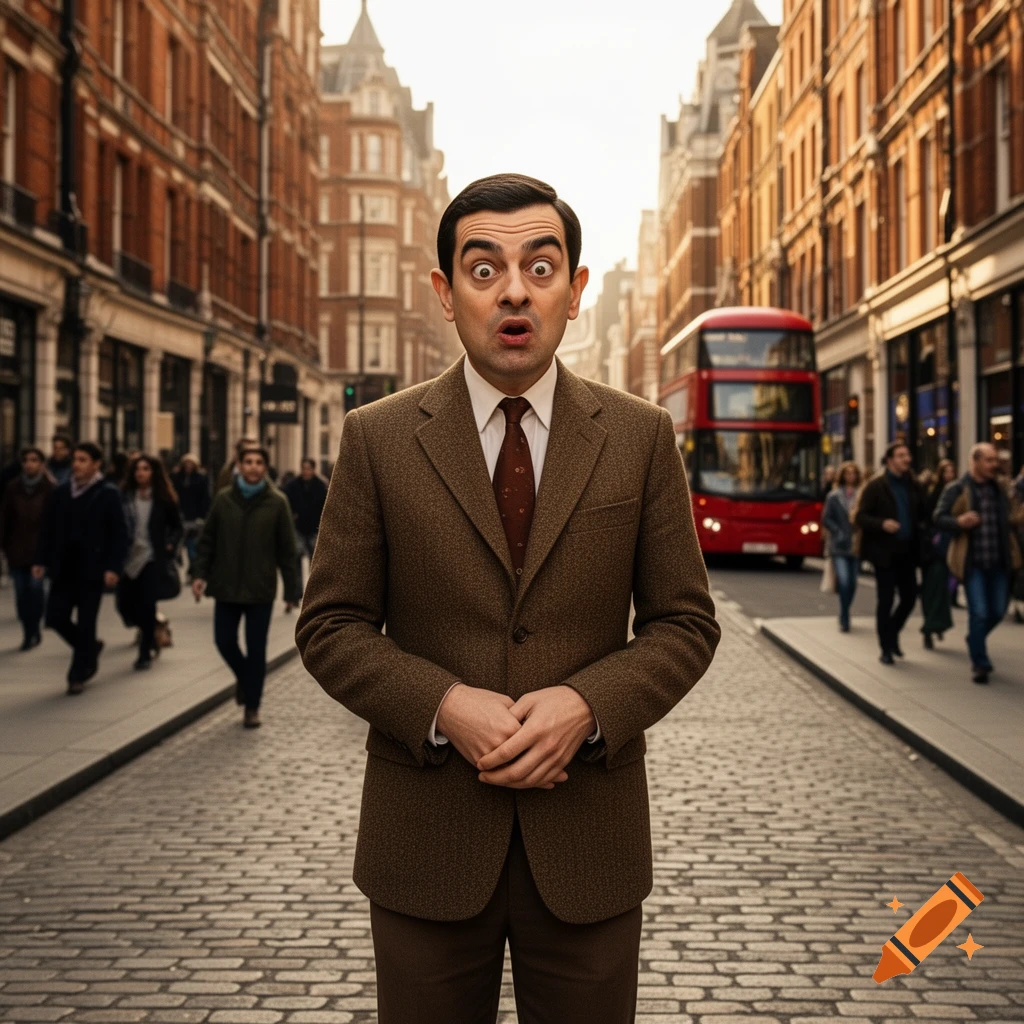 Photorealistic image of a wide-eyed Mr. Bean standing on a cobblestone street in London with a red double-decker bus in the background.