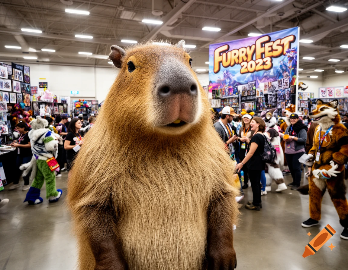 A person in a realistic capybara fursuit stands in the foreground at a lively furry convention with a 'Furry Fest 2023' banner.