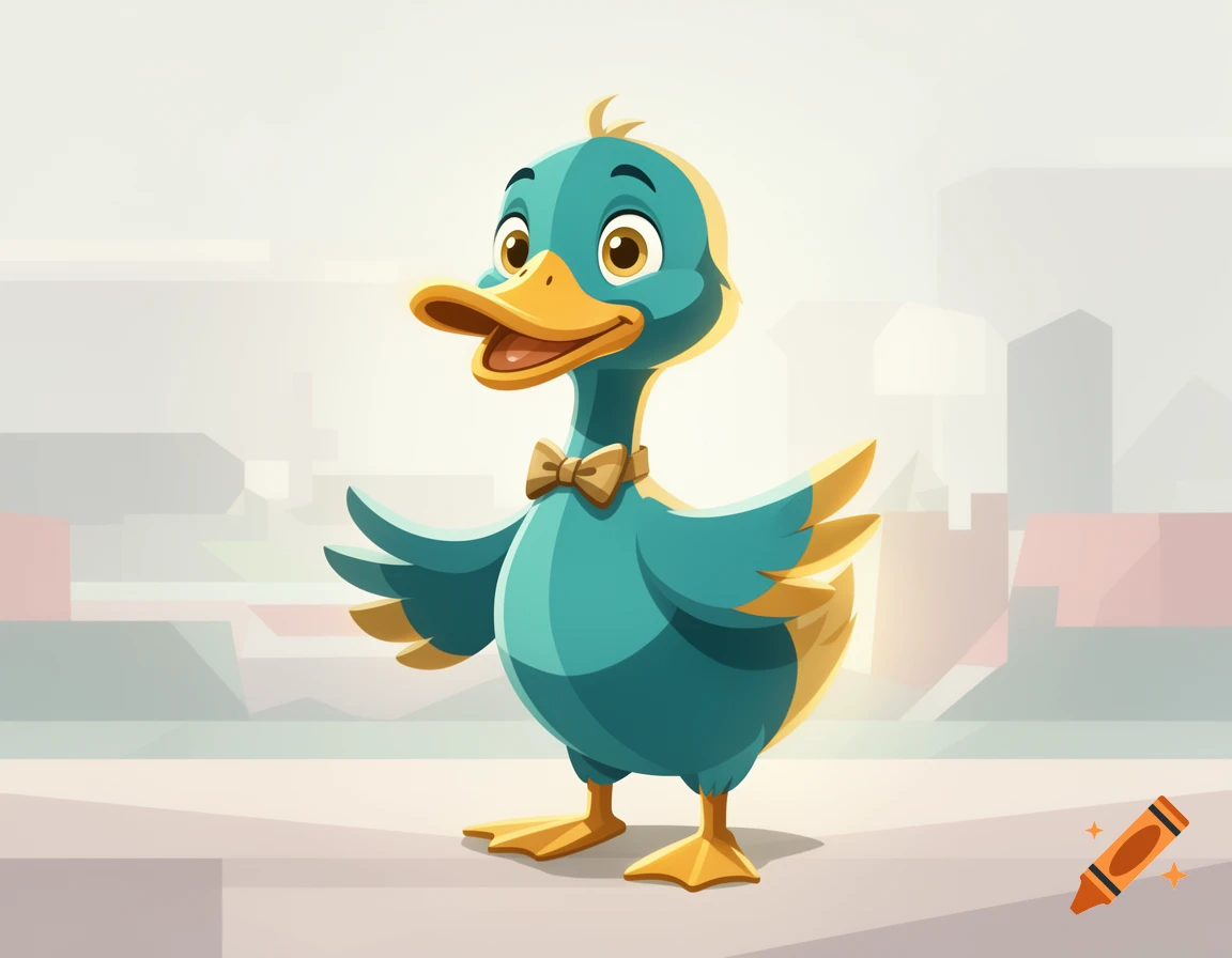 A cute anthropomorphic cartoon duck with teal feathers and a gold bowtie stands in a stylized city background.
