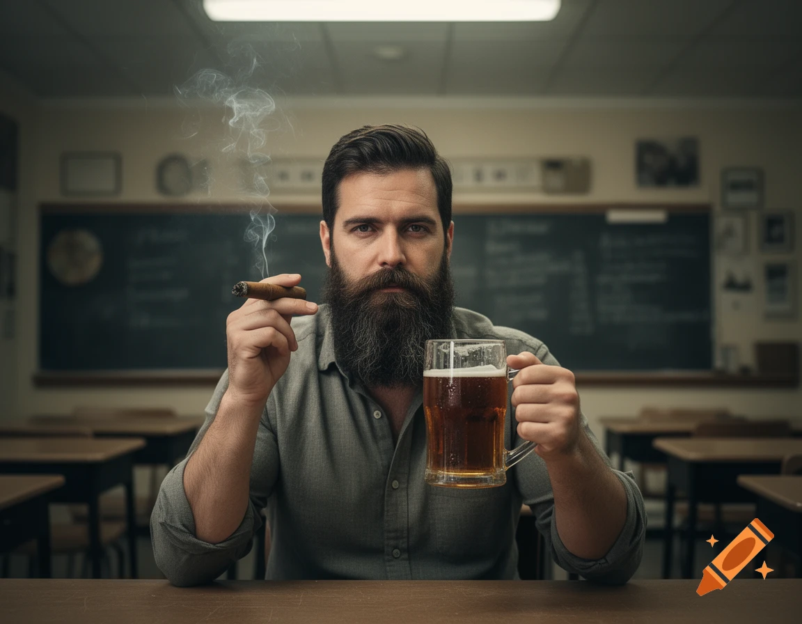 A bearded man smokes a cigar and drinks a beer, sitting at a desk in a classroom.