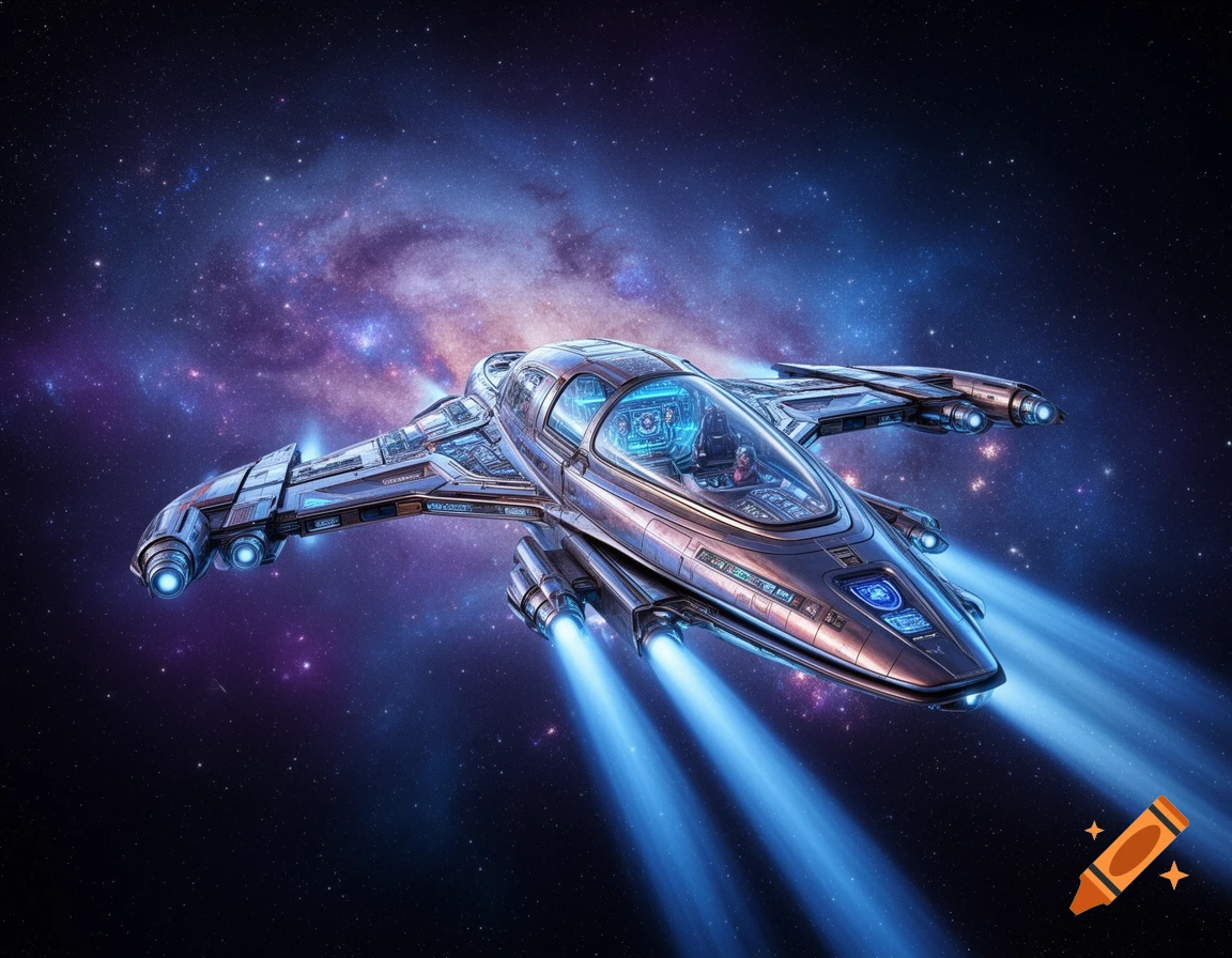 A detailed, futuristic spaceship with glowing blue exhaust rockets through a vibrant, star-filled nebula.