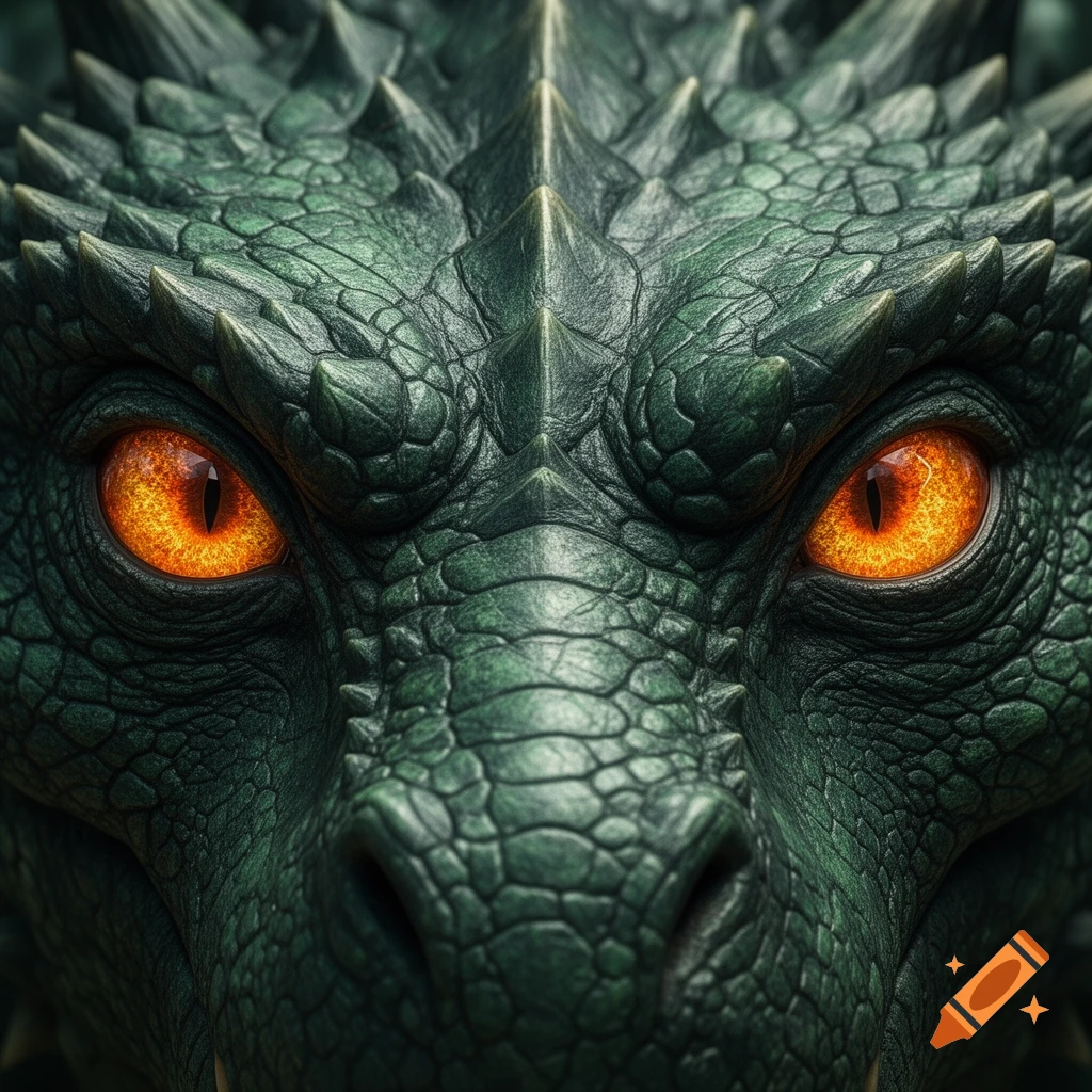 Close-up of a green dragon's face with textured scales and glowing orange eyes.