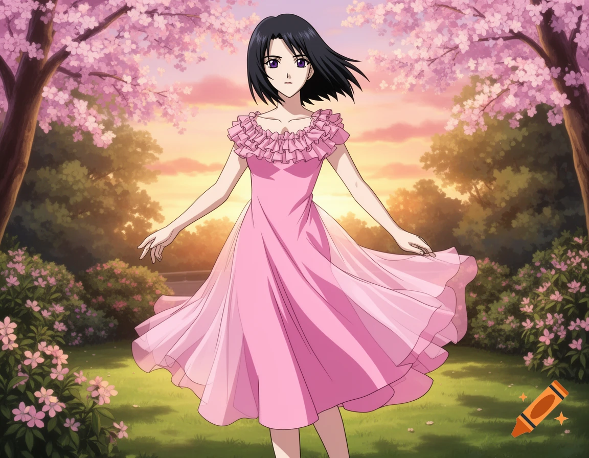 Anime girl with dark hair in a pink ruffled dress standing in a park with cherry blossom trees.