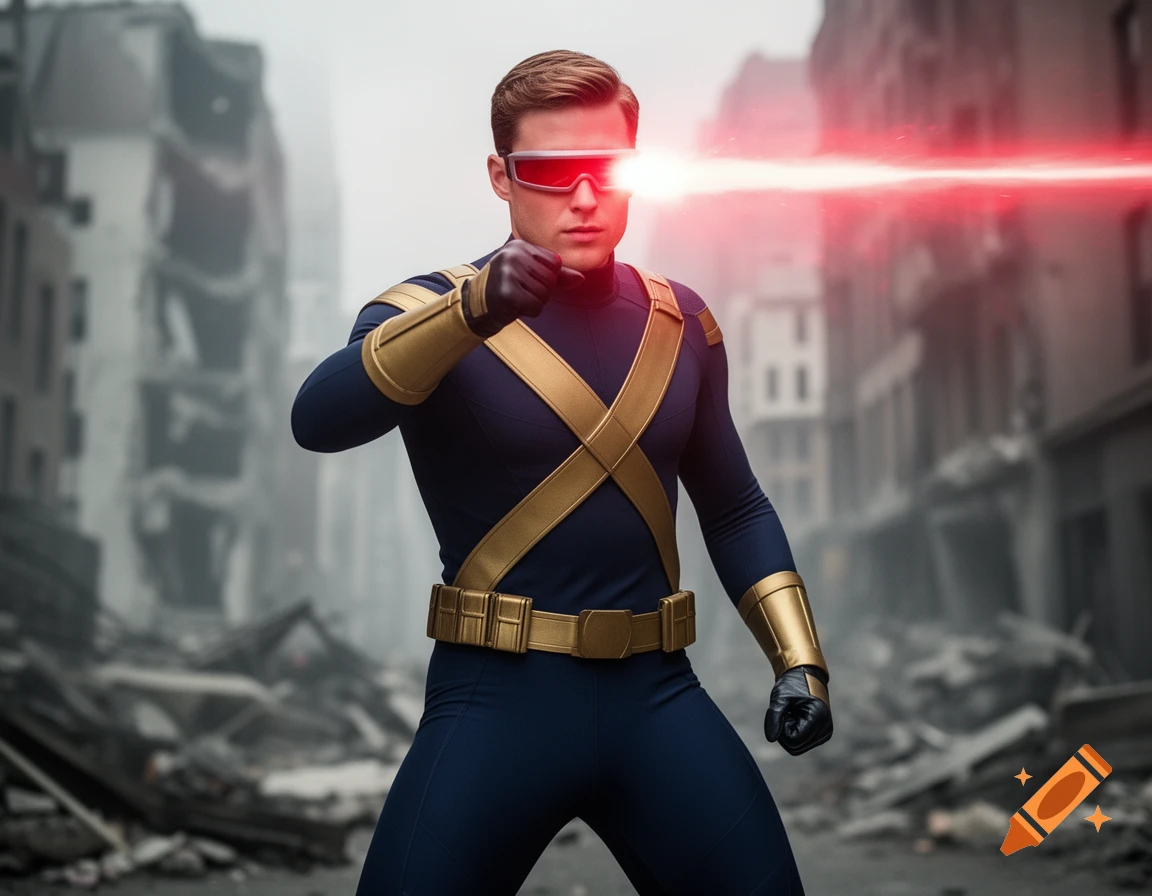 Photorealistic image of Cyclops, played by Corey Mylchreest, shooting a red optic blast in a ruined city.