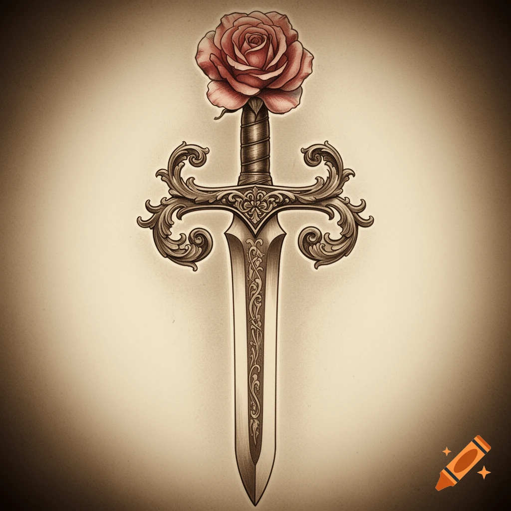 Detailed illustration of a medieval sword with an ornate baroque scroll hilt and a red rose pommel, on a sepia background.