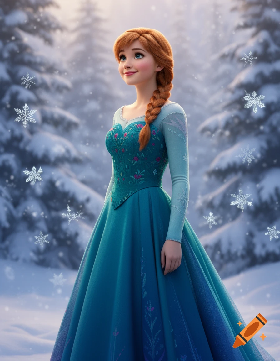 A stylized character, resembling Anna from Frozen, with red braided hair and a blue gown, smiles in a snowy forest with snowflakes.