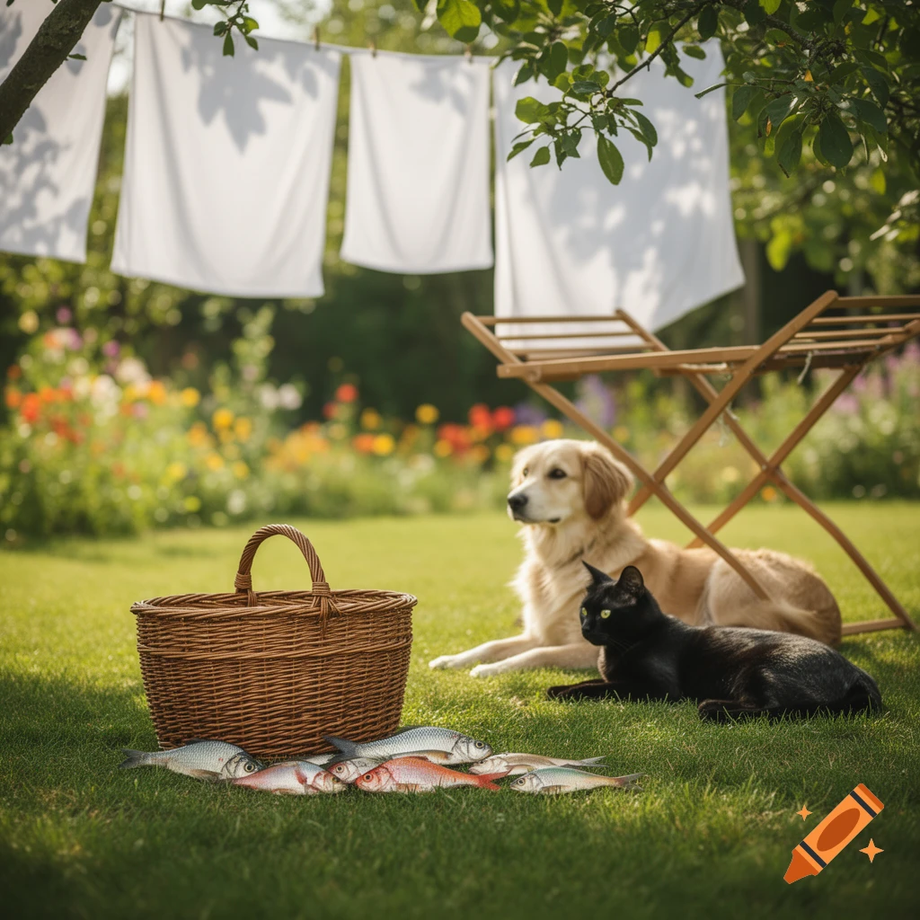 A golden retriever and a black cat lie on green grass next to a wicker basket and fresh fish, with laundry drying in a sunlit garden.