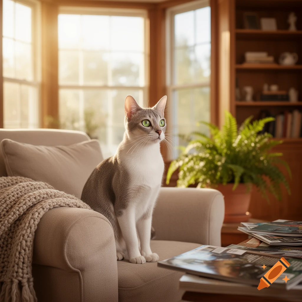 A photorealistic grey and white cat with green eyes sits on a beige armchair in a sunlit living room.