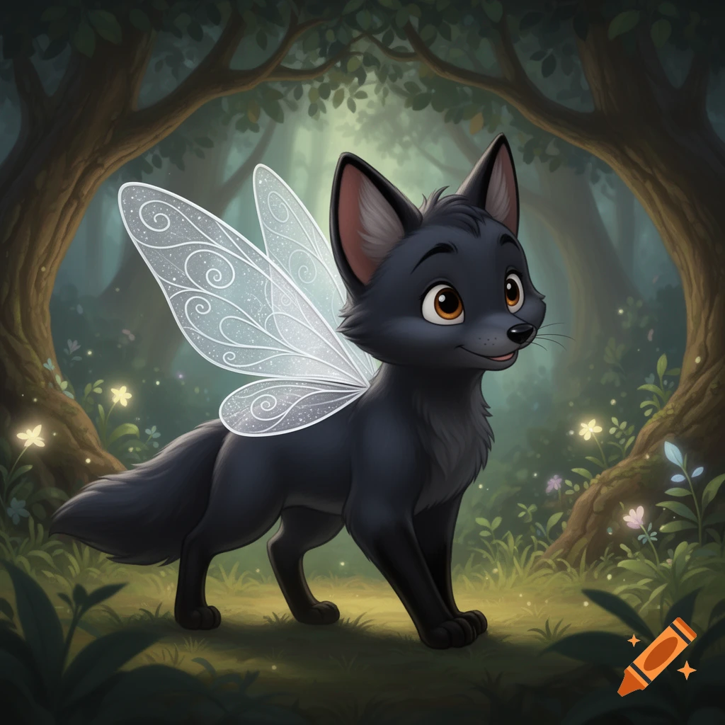 A cute black fox pup with sparkly silver fairy wings stands in a magical, lush green forest in Disney animation style.