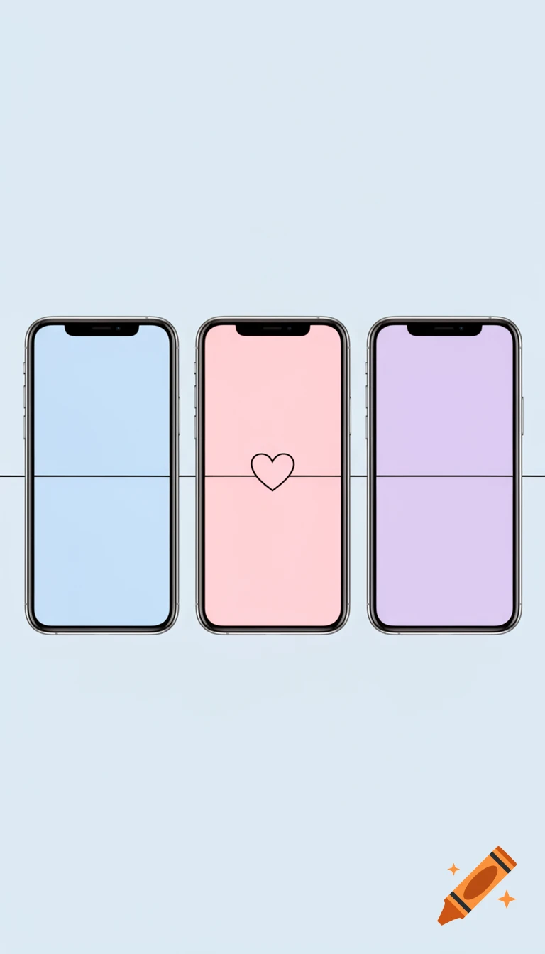 Three smartphones with pastel screens and a continuous thin black line, the middle one featuring a heart outline.