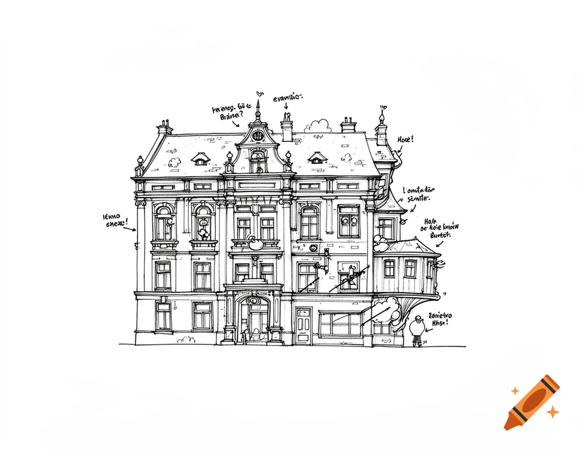 Black and white line drawing of an ornate old building with an extension and humorous, illegible text annotations.