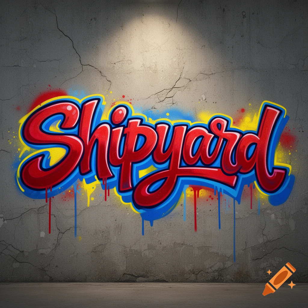 Red and blue graffiti spelling 'Shipyard' on a cracked concrete wall with paint drips and a spotlight.