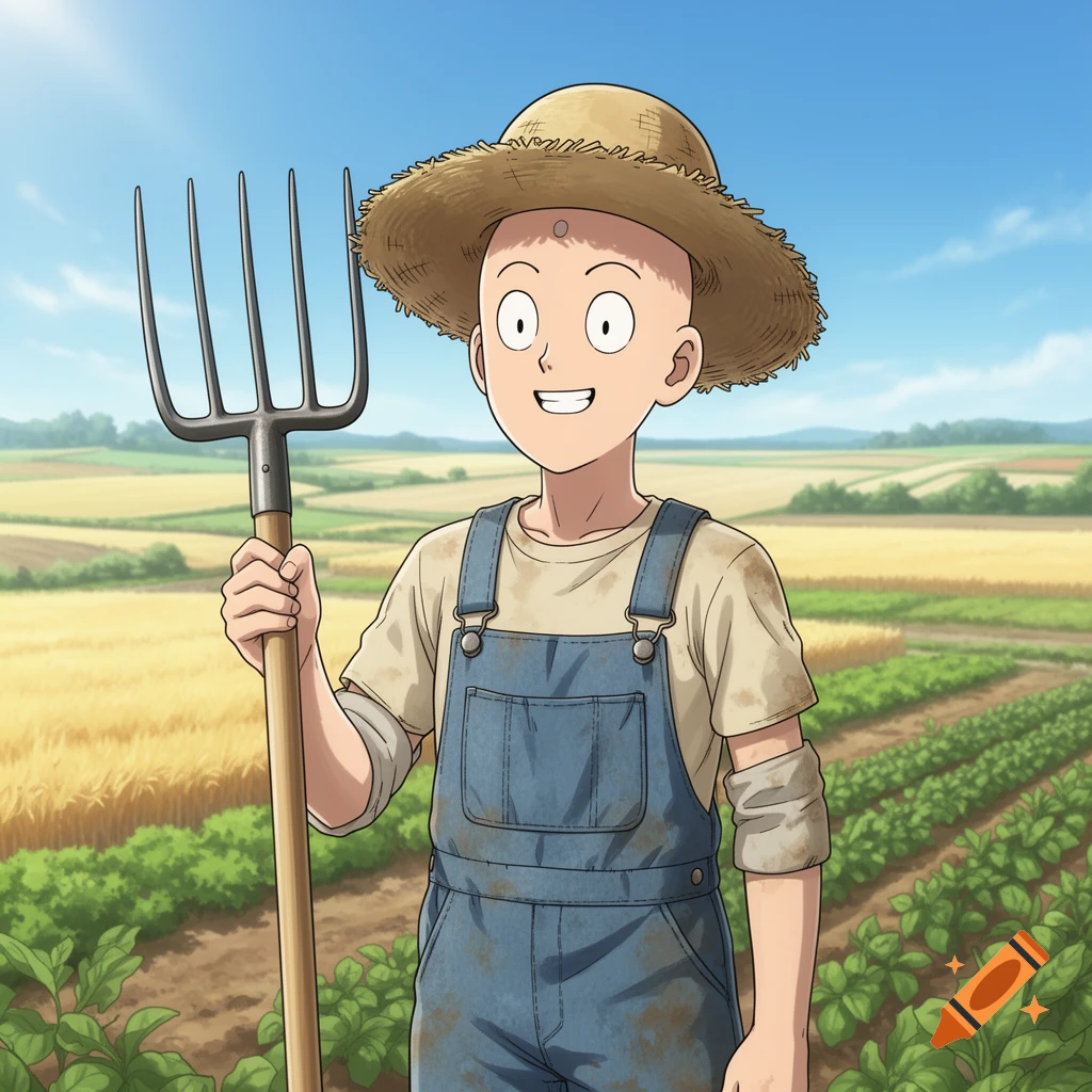 Saitama in farmer overalls and a straw hat, smiling and holding a pitchfork in a sunny field.