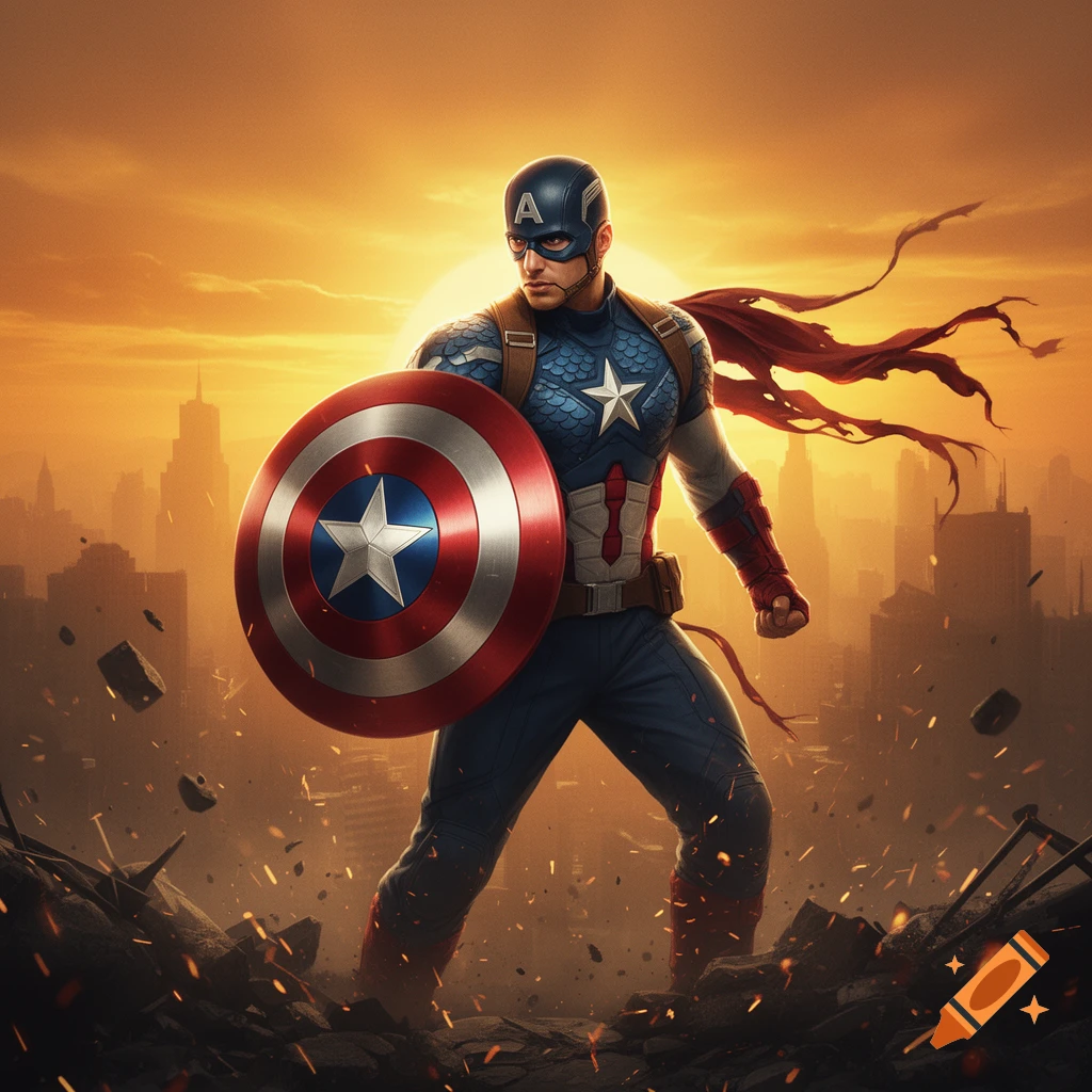 Captain America in a battle-scarred city at sunset, holding his iconic shield.