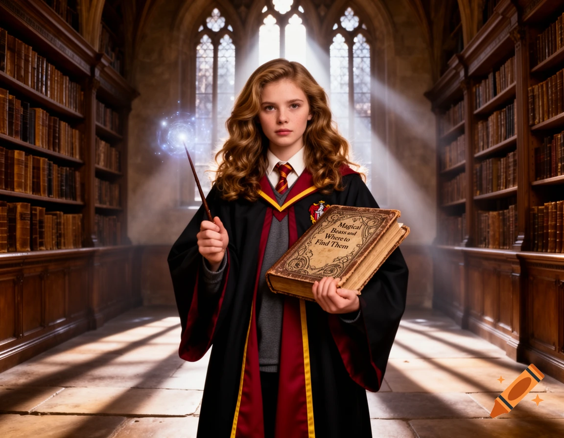 A young girl with long curly hair in Hogwarts robes holds a glowing wand and an old book in a grand, sunlit library.
