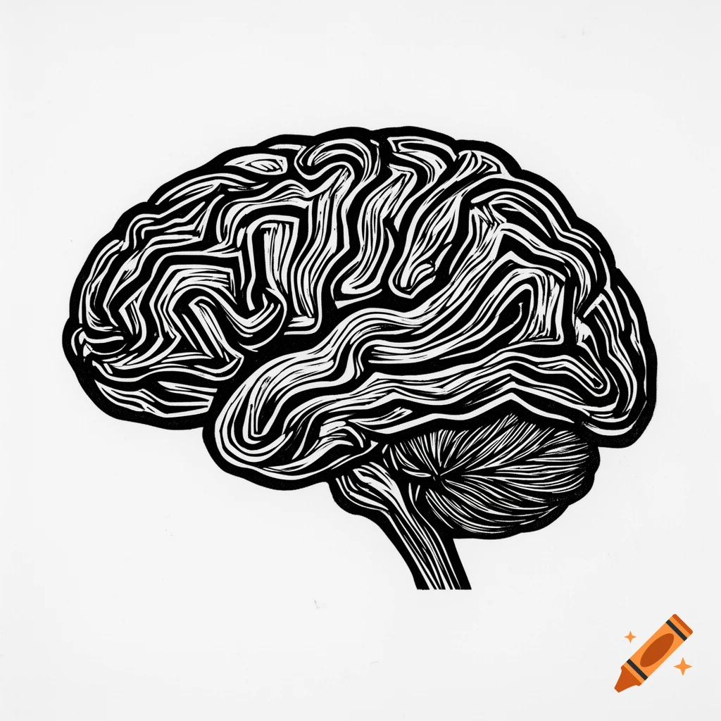 A monochrome linocut print of a human brain with thick, wavy lines.
