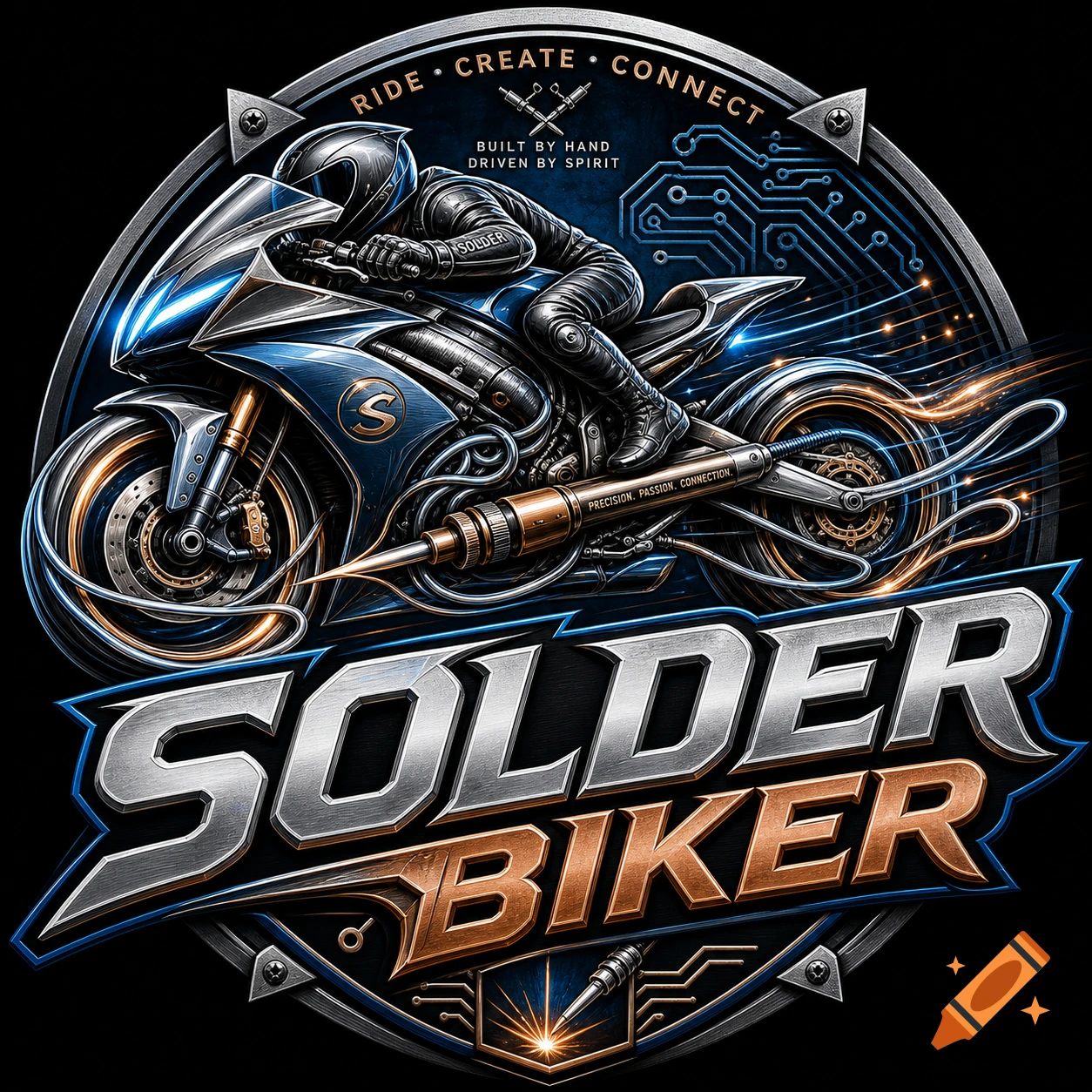Detailed logo for Solder Biker community, featuring a biker on a futuristic motorcycle with a soldering iron, circuit board elements, and metallic text.