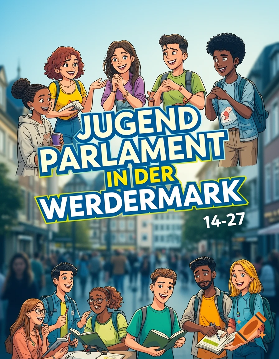 A colorful cartoon poster for "Jugend Parlament in der Werdermark 14-27" with diverse young people interacting against a blurred city street background.
