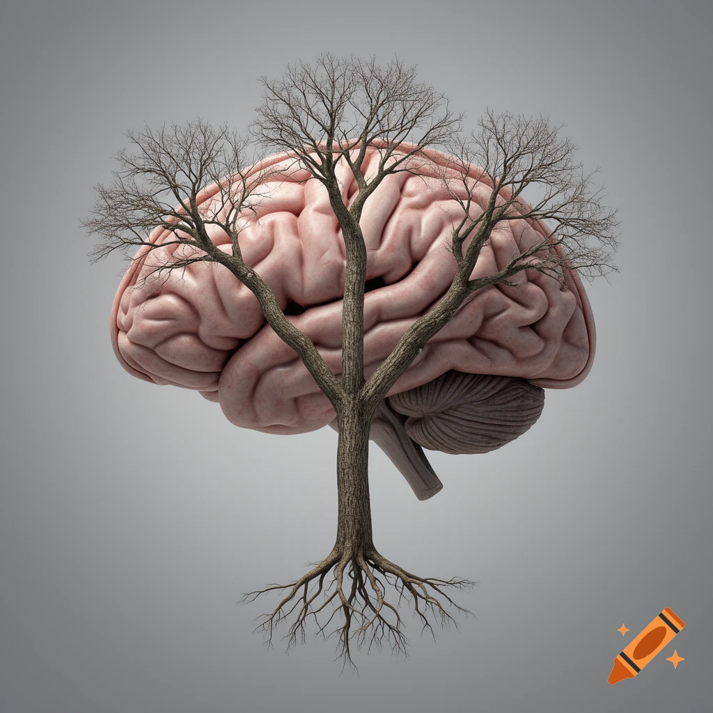 A human brain with a bare, leafless tree growing from its center, its branches filling the cerebral folds and its roots extending below.