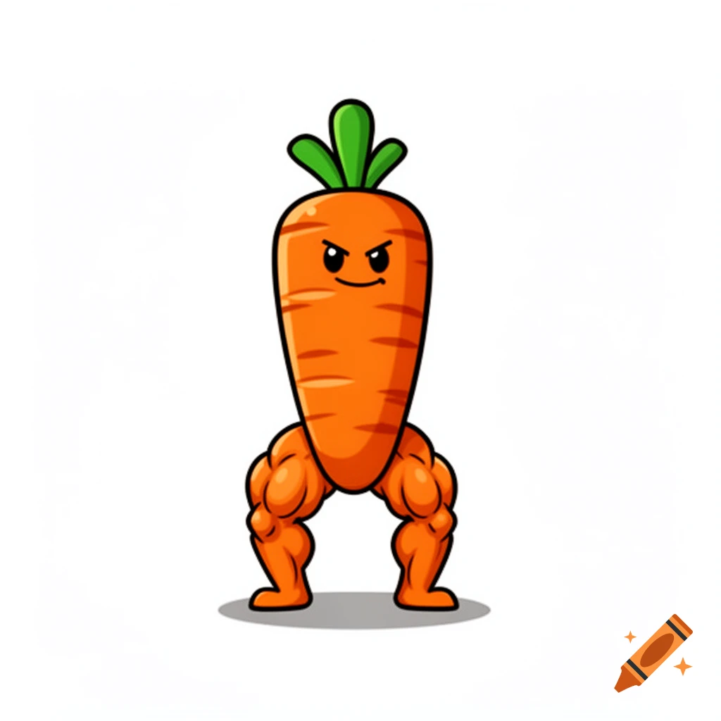 A cartoon carrot with a grumpy face and large, muscular legs, standing on a white background.