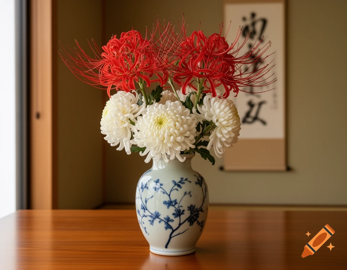 A vase with vibrant red spider lilies and white Japanese chrysanthemums on a wooden table, with a blurred calligraphic scroll in the background.