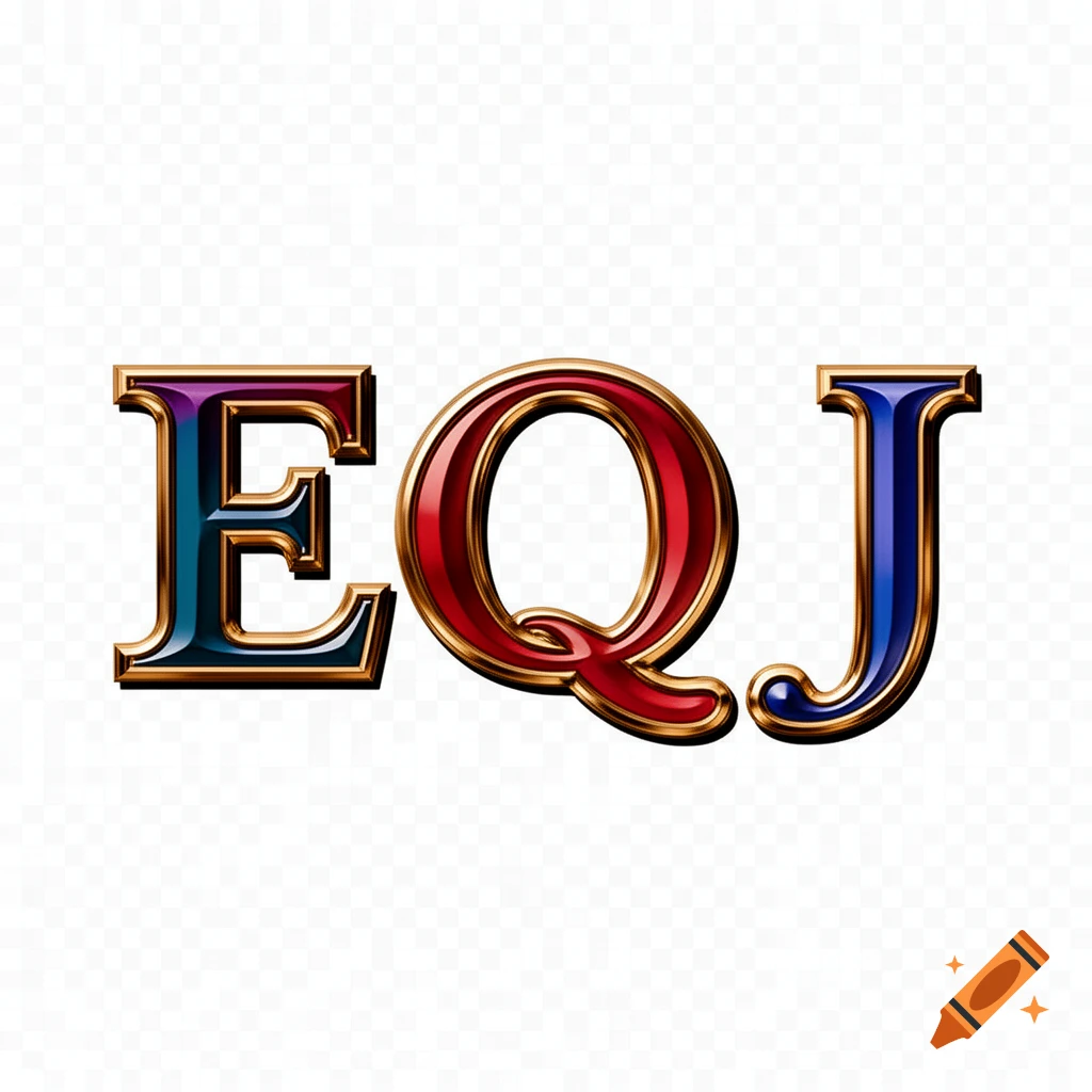 Three glossy, ornate metallic letters "EQJ" with a gold outline, red and blue interiors, against a transparent background.