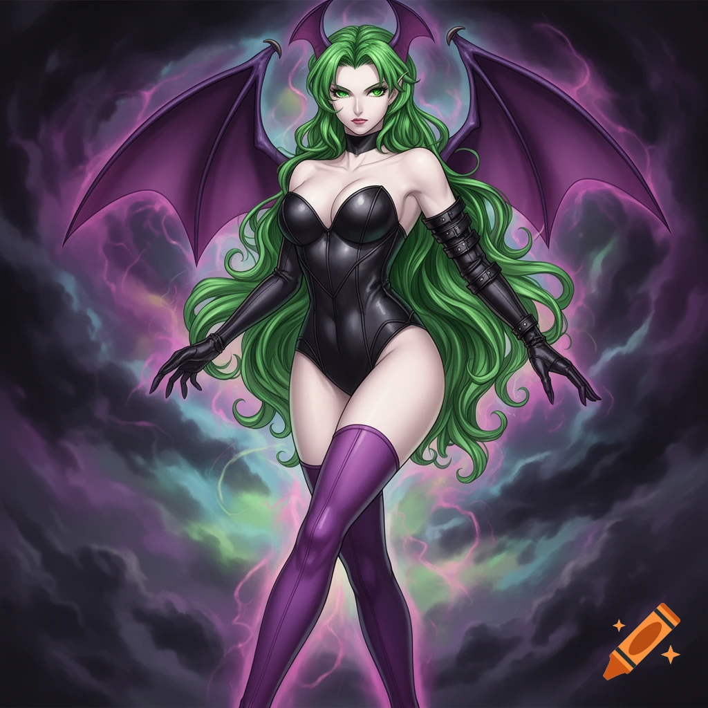 Anime-style female character with green hair, purple bat wings, a black bodysuit, and purple boots, posing against a stormy background.