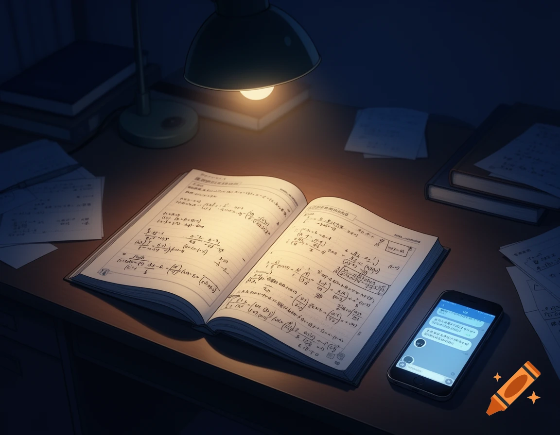 An anime-style illustration of a student's desk at night, with an open math textbook, a glowing smartphone, and a desk lamp illuminating the scene.