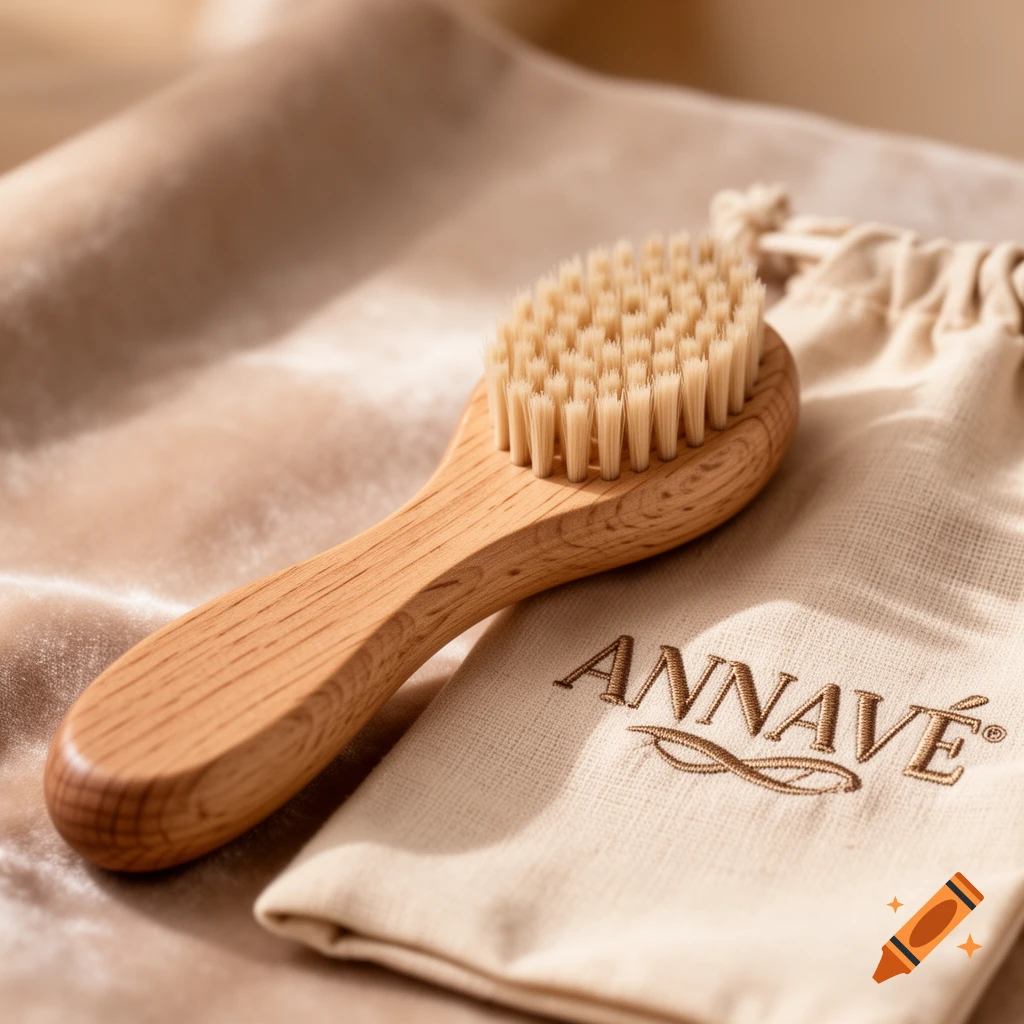 A wooden facial brush with natural bristles lies on a silky cloth next to a fabric pouch with 'ANNAV G ' embroidered on it.