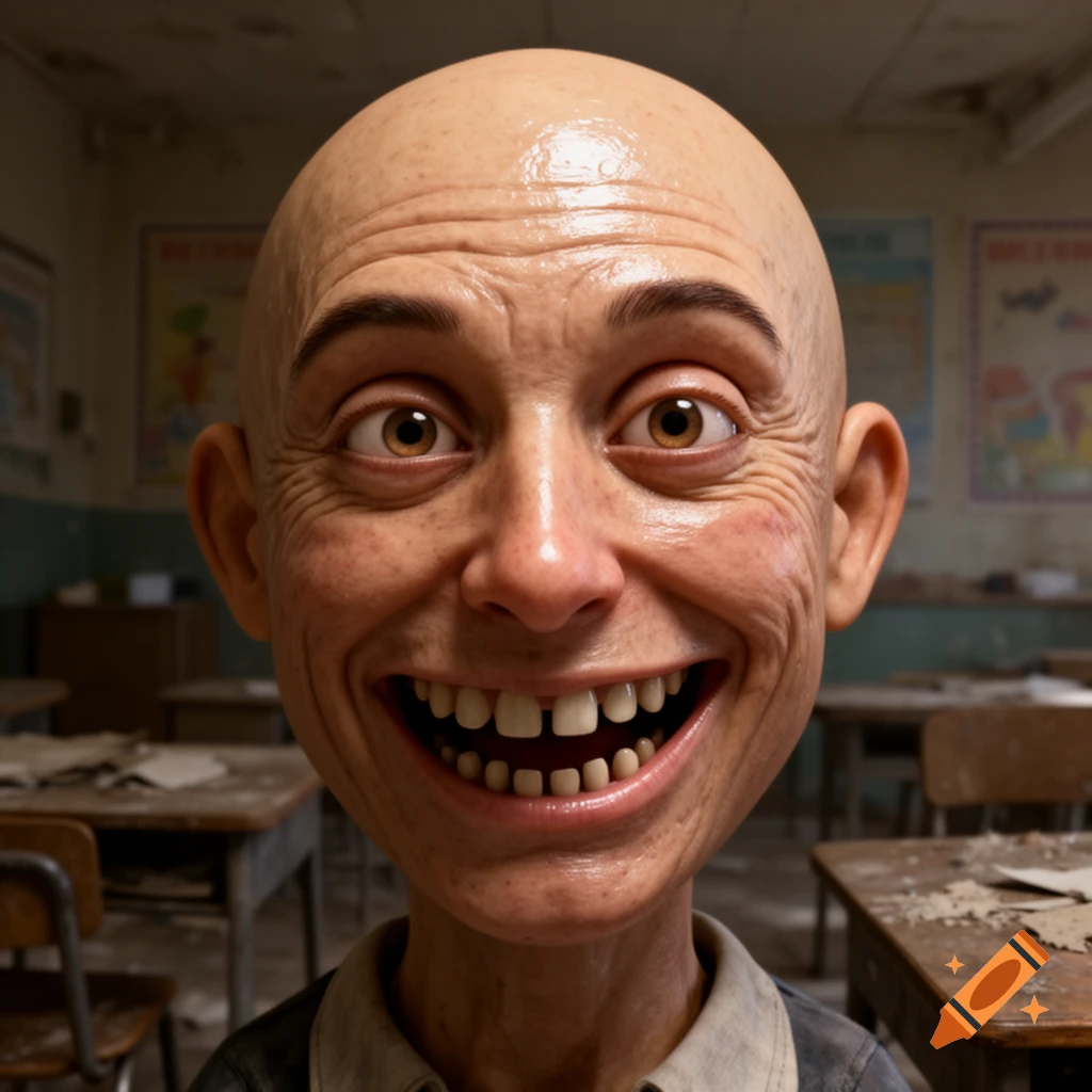 Close-up of a grotesque, bald man with a wide, toothy grin and bulging eyes in a dirty, abandoned classroom setting.