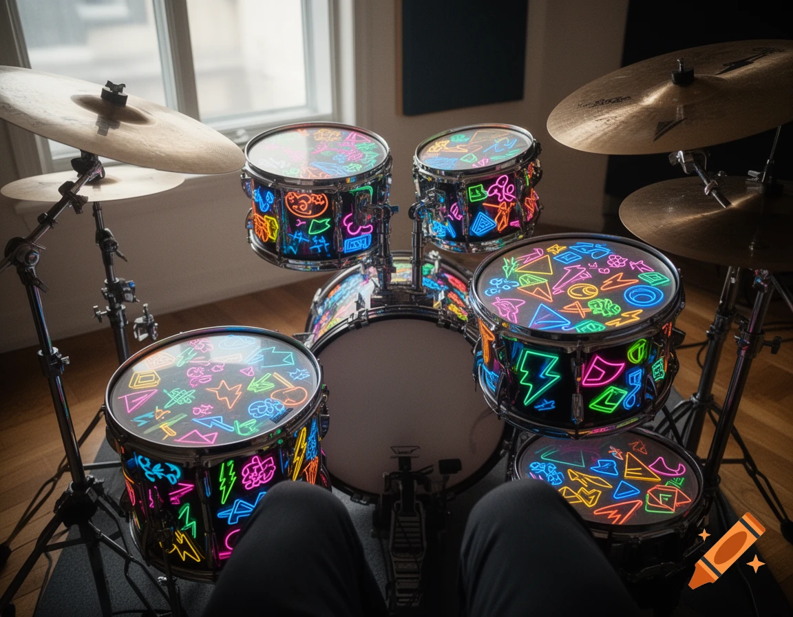 A POV shot of a drum set with colorful 90s style neon glowing stickers on the drums, viewed from behind the kit.
