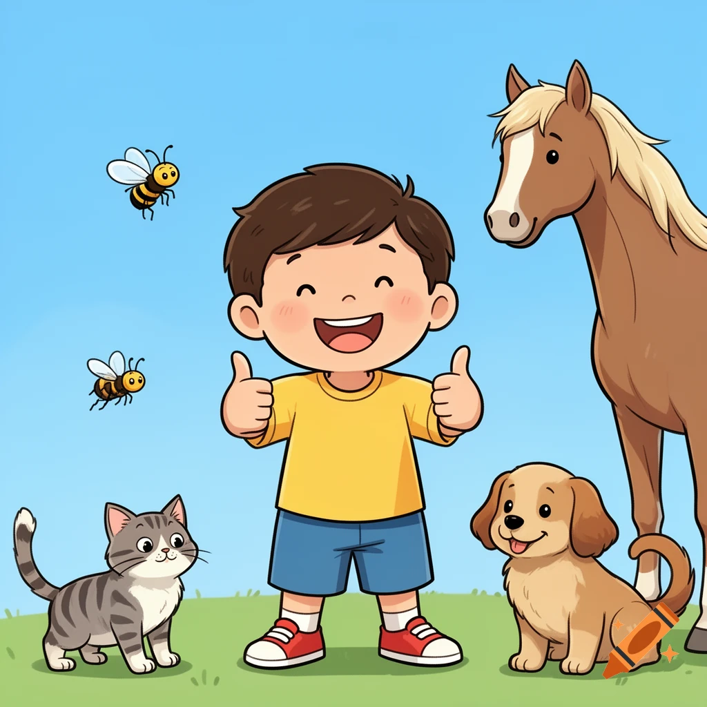 A happy cartoon boy gives two thumbs up surrounded by a cat, dog, horse, and two bees in a grassy field under a blue sky.