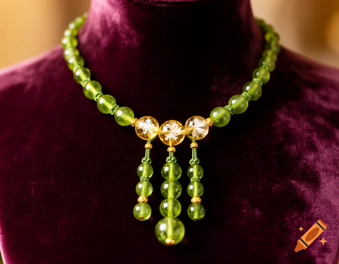 A vibrant green peridot bead necklace with honey-yellow snowflake citrine center beads and green tassel drops on a deep burgundy velvet bust. Photorealistic.