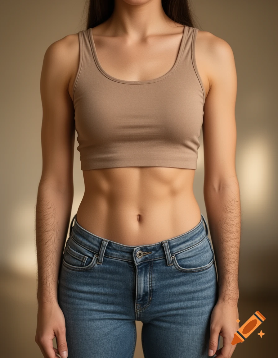 A woman with a fit physique wearing a tan sports bra and blue jeans, standing against a beige background.