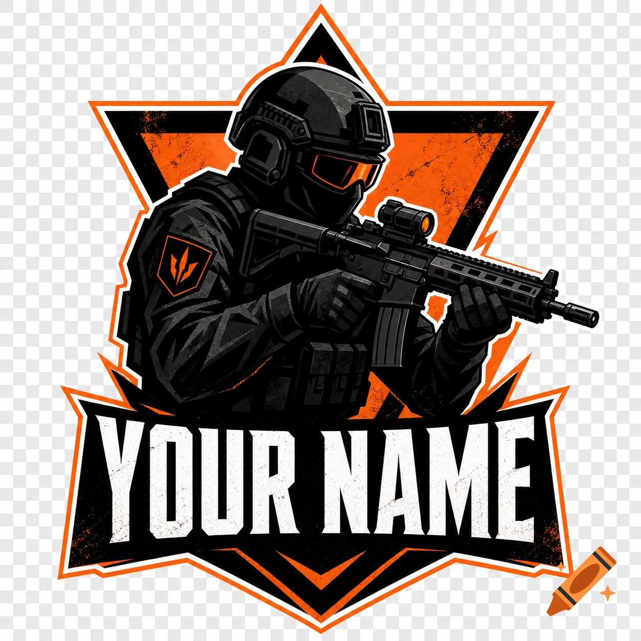 A black, orange, and white esports logo featuring a tactical operator holding a rifle over the text 'YOUR NAME', with a transparent background.
