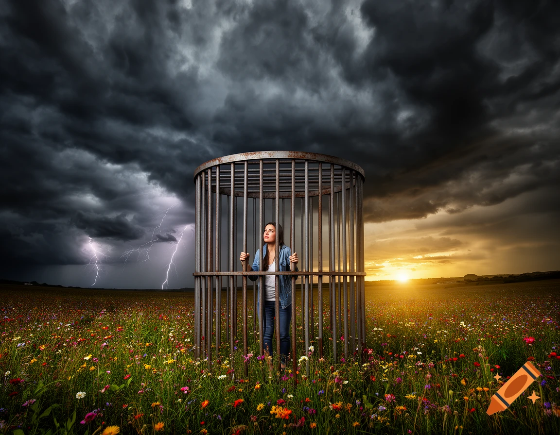 A woman stands inside a large metal cage in a vibrant flower field under a dramatic sky with lightning on the left and a sunset on the right.