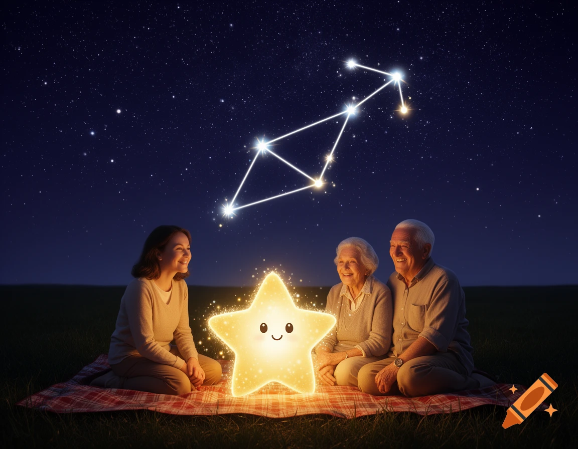 A woman and an elderly couple sit on a picnic blanket at night, looking at a glowing cartoon star, under a starry sky with a constellation.