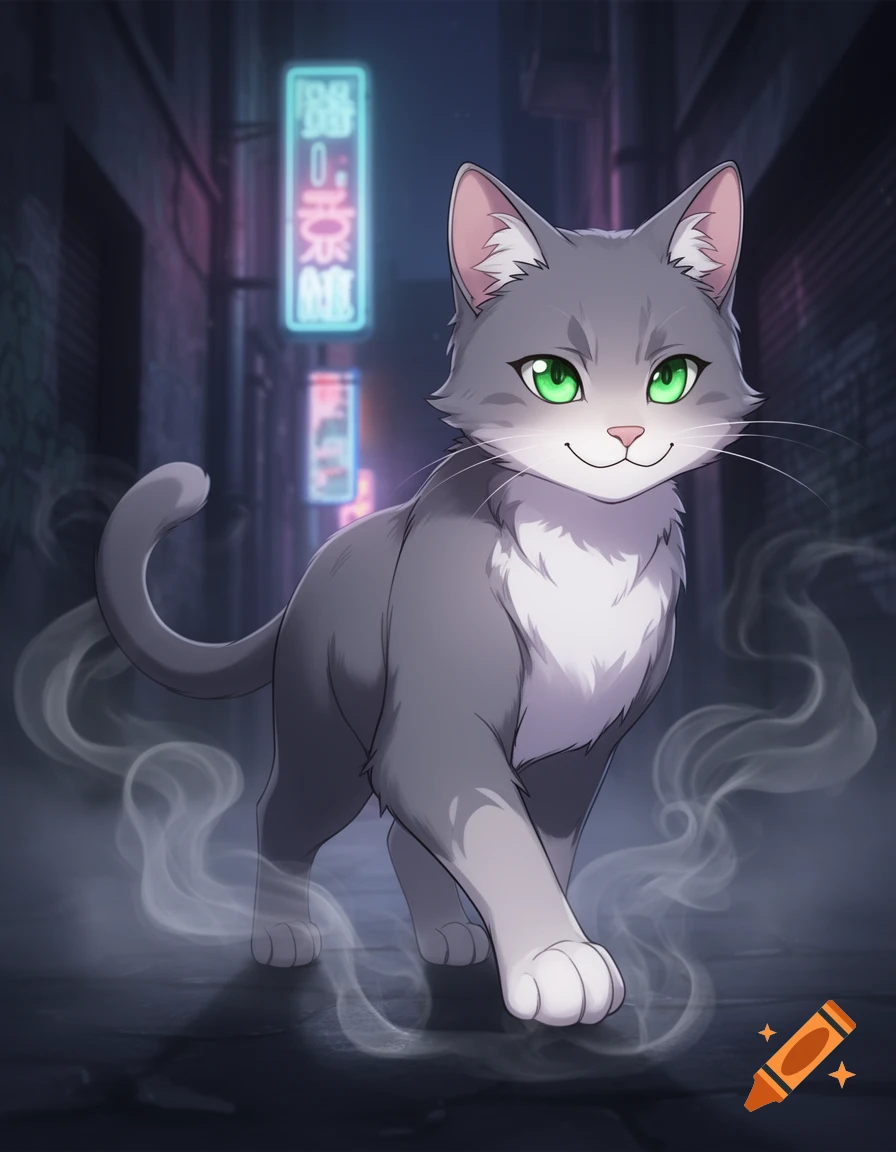 A cute gray and white cartoon cat with vivid green eyes smiles while walking through a smoky, dark urban alley with glowing neon signs.