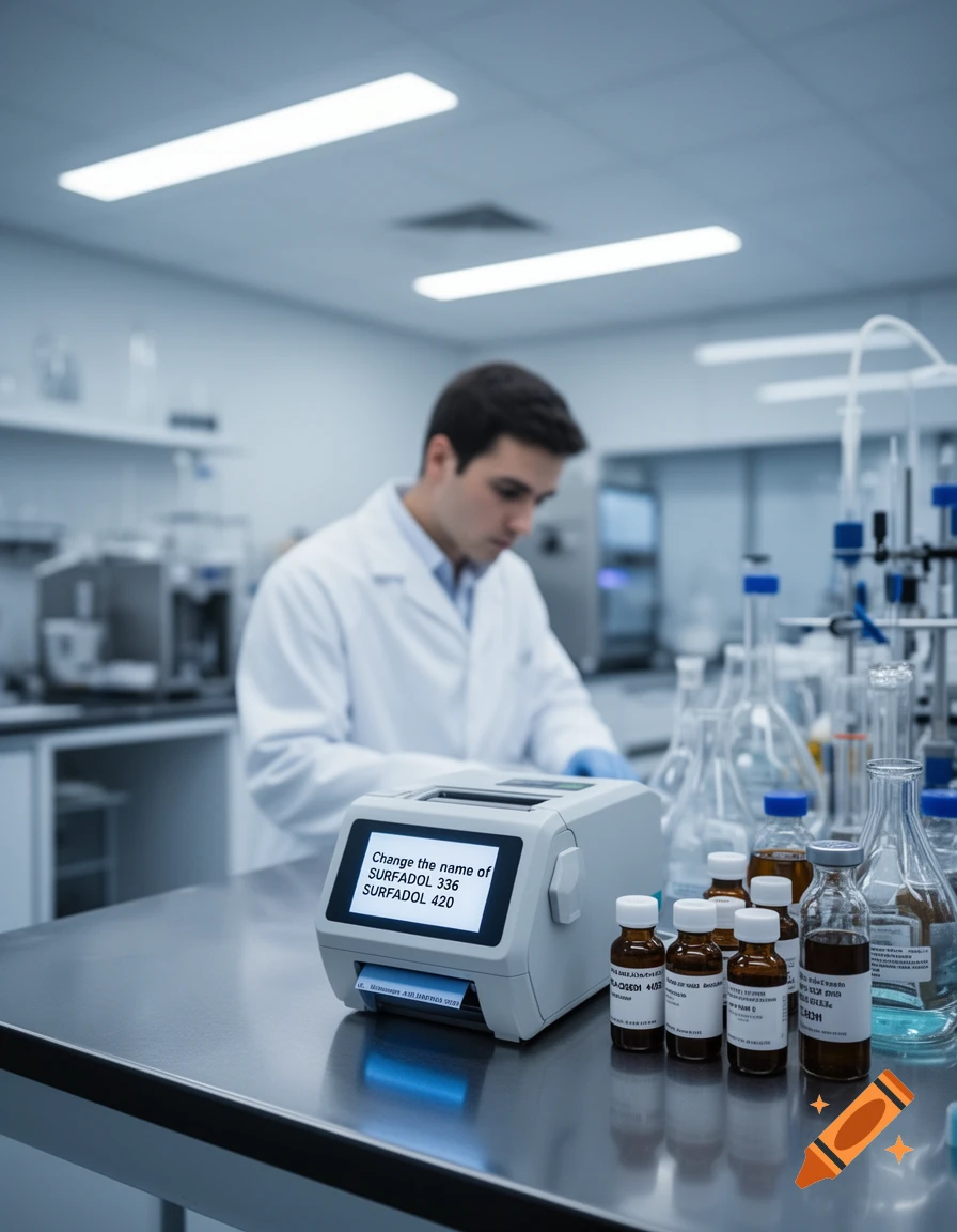 A scientist in a white lab coat operates a label printer displaying "Change the name of SURFADOL 336 SURFADOL 420" on its screen, with various bottles and lab equipment on a table in a clean laboratory setting.