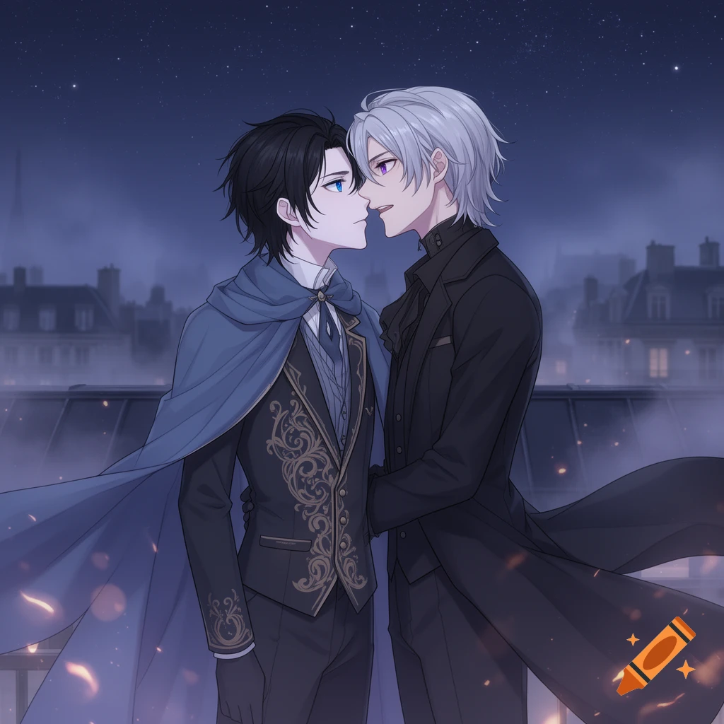 Anime illustration of two men, one with black hair and a blue cape, the other with white hair, on a rooftop at night, leaning in for a kiss.