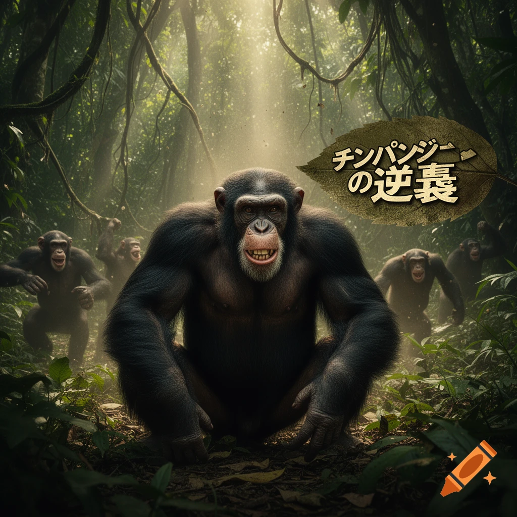 A photorealistic image of a large chimpanzee crouching in a dense jungle, looking at the viewer and grinning. Other chimpanzees are in the background, amidst sun-dappled foliage. Japanese text is on a leaf in the upper right.