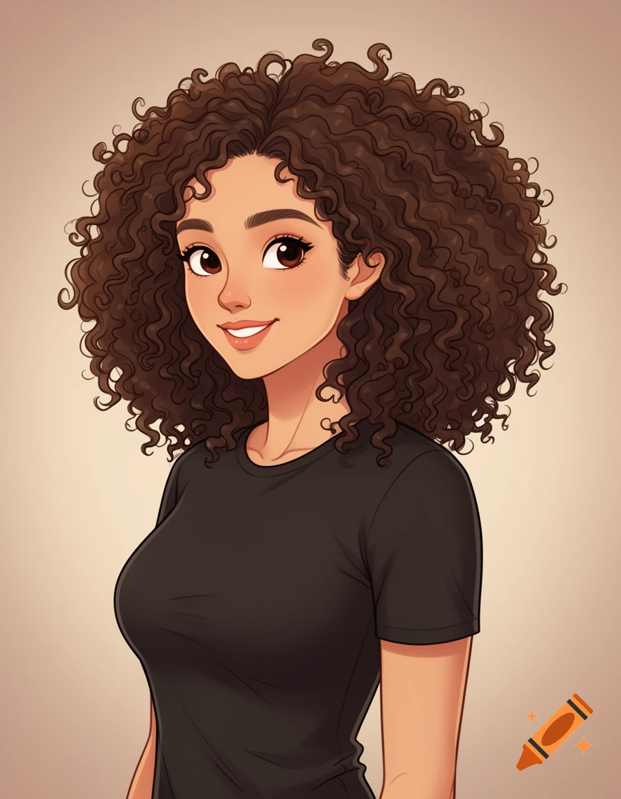 Stylized portrait of a smiling Hispanic woman with curly brown hair, wearing a black t-shirt.