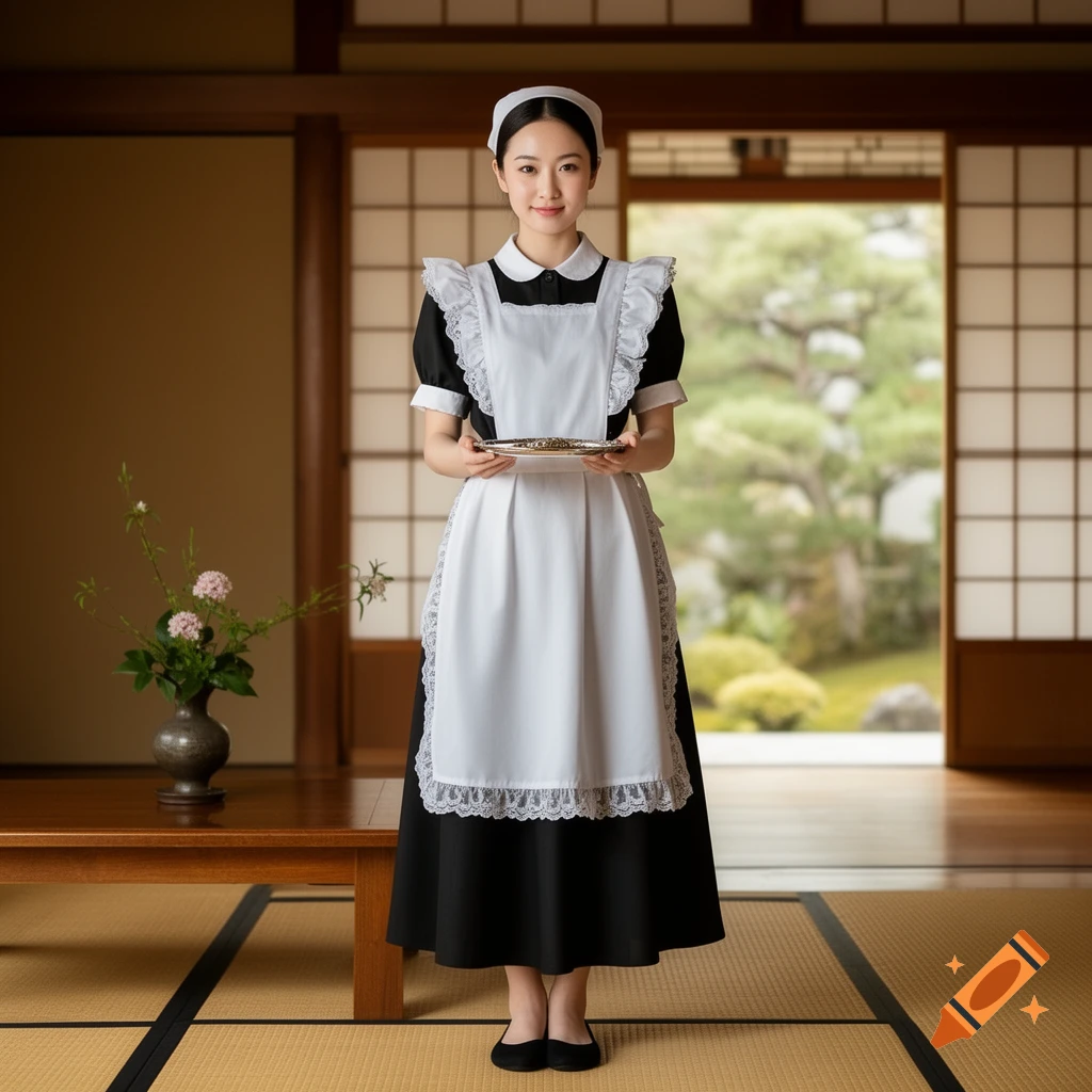 A young woman in a black and white maid uniform holds a tray, standing in a traditional Japanese room with a garden view.