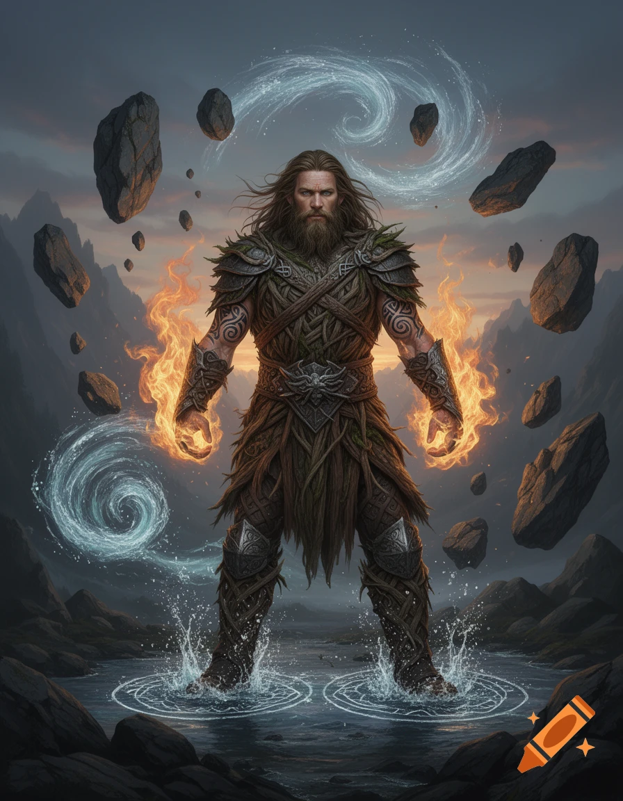 Travis Fimmel as a powerful fantasy warrior in bark-like armor, wielding fire and water, with floating rocks and swirling air.