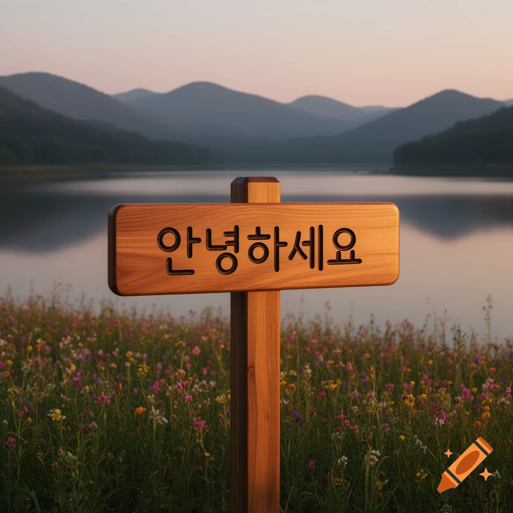 A wooden sign with '안녕하세요' (Annyeonghaseyo) in black, in a field of wildflowers by a lake with mountains at sunset.
