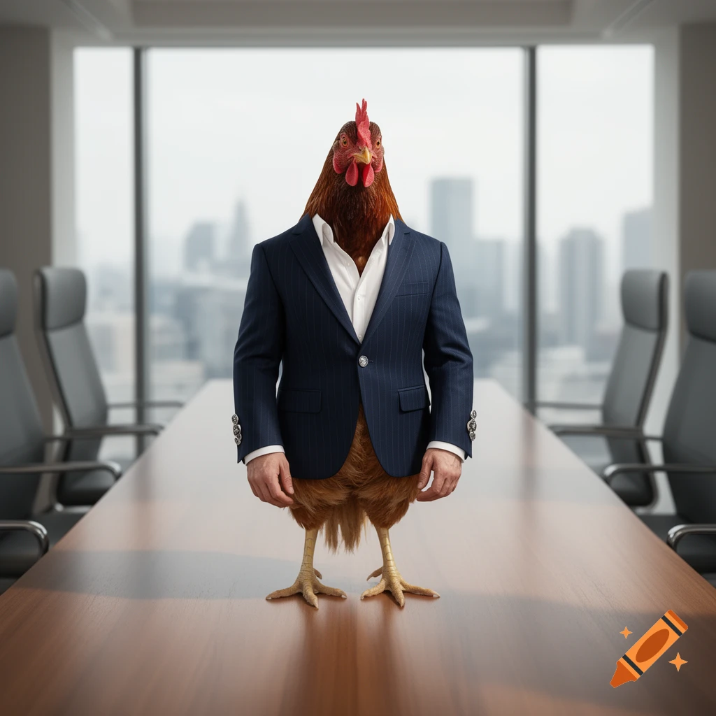 A photorealistic chicken with a human body wearing a dark pinstripe suit stands at a conference table in an office.